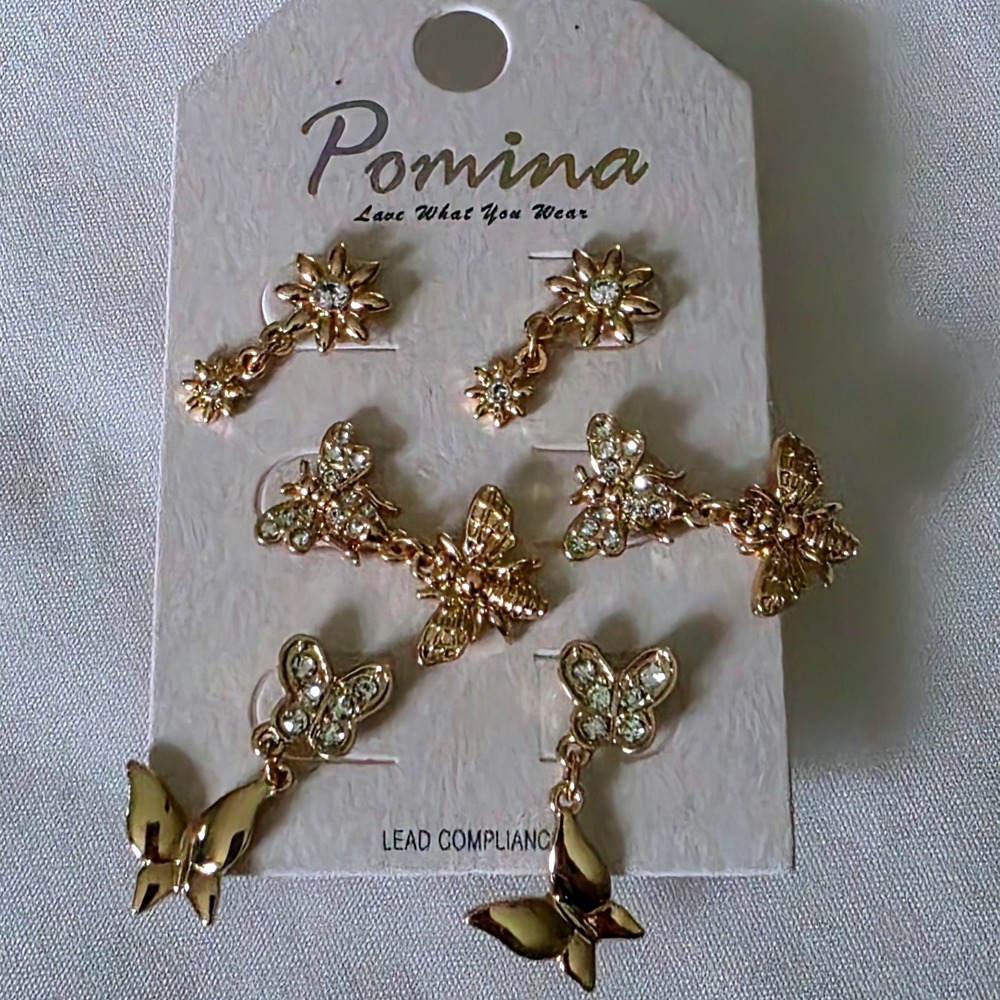 New Pomina Gold Tone Rhinestone Bee Butterfly Sunburst Earring Set 3 Pair Trio